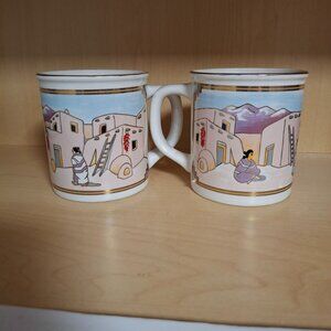 Vintage Japan Pueblo Village Scene Ceramic Coffee Mugs Pair Gold Trim 10 oz